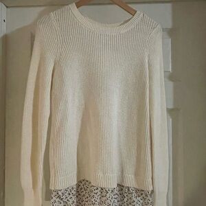 LOFT Cream Sweater with Floral Layered Hem